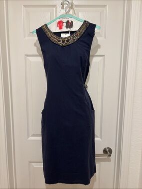 Beaded Collar Navy Midi Dress